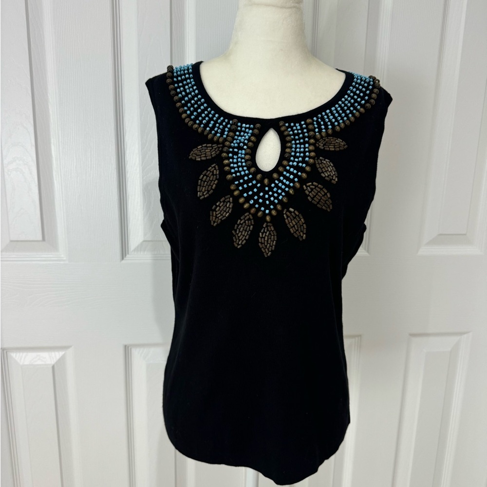NWOT XL Beaded Black Sleeveless Top turquoise keyhole festival western